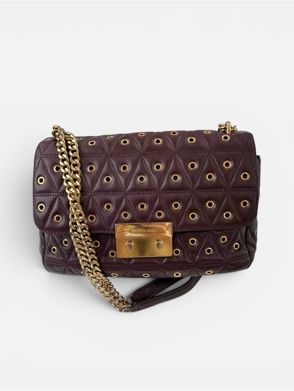 Michael Kors Quilted Grommet Chain Shoulder Bag Dark Purple Leather Flap - Picture 4 of 9
